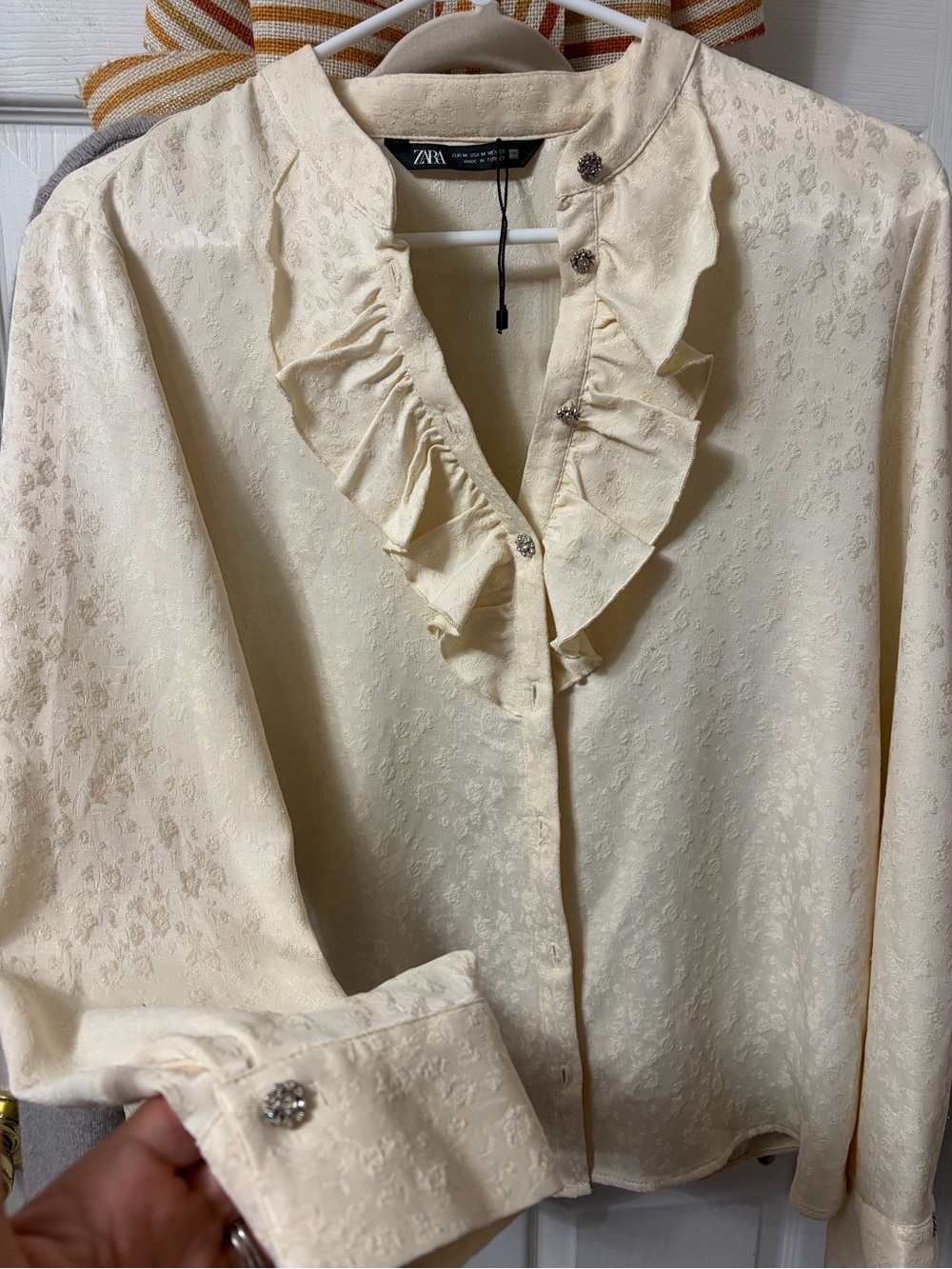 Zara Ivory Ruffle-Front Blouse with Decorative Buttons